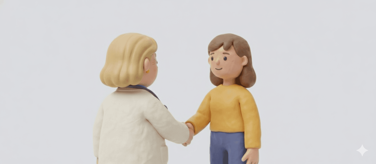 Médica acompañando a una paciente por un sendero verde, simbolizando el camino juntos hacia la salud