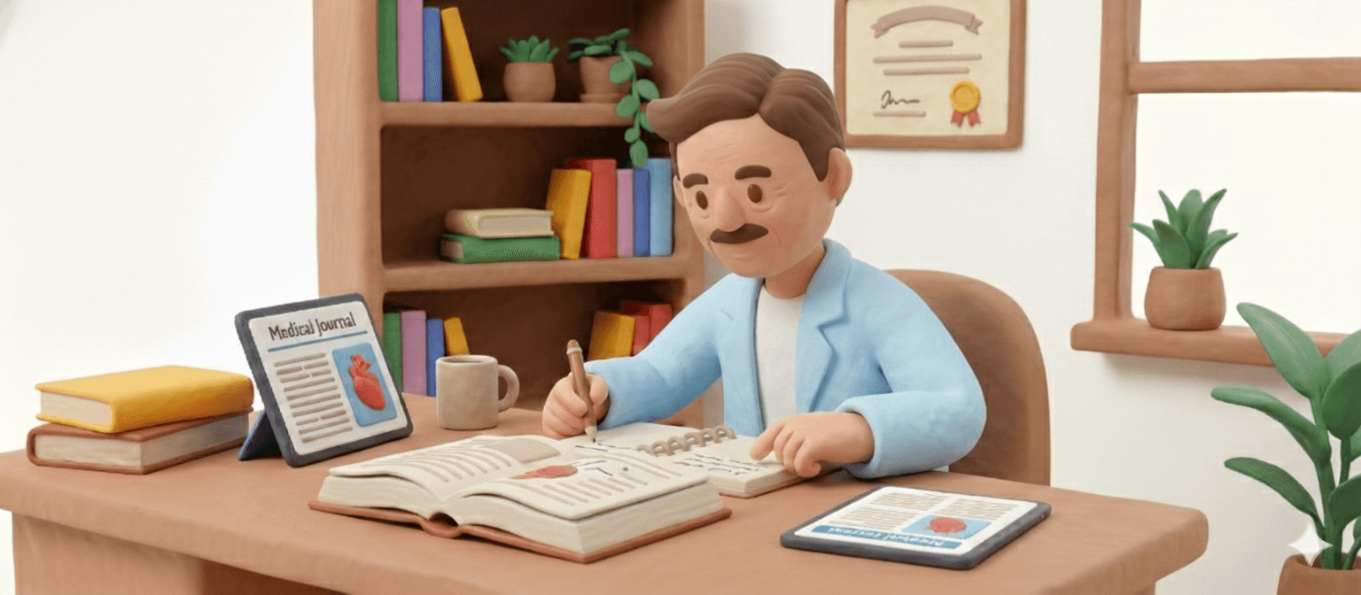 Médico jubilado feliz y activo en su consulta